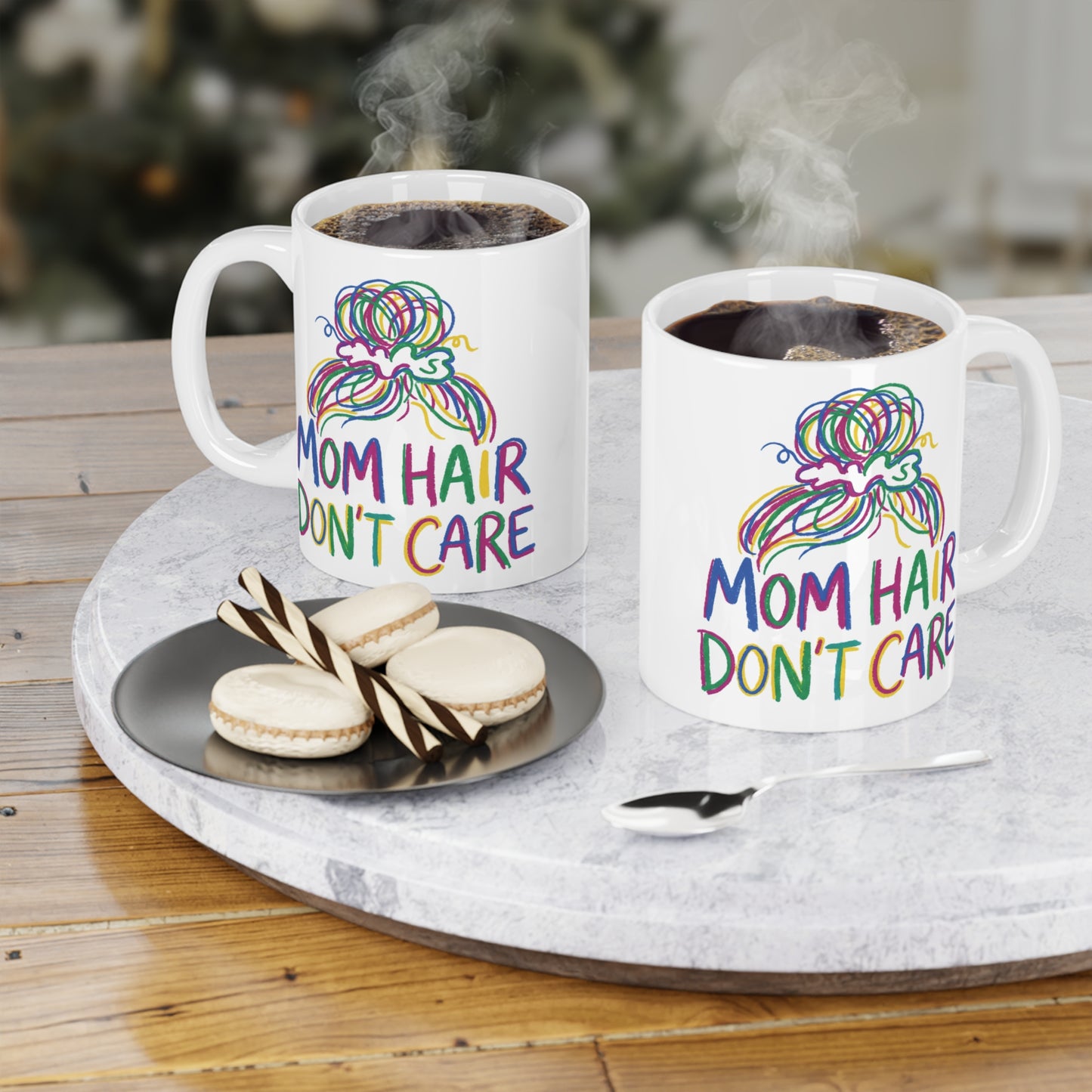 Mom Hair Don't Care Ceramic Mug — Colorful Mom Bun Coffee Cup (11oz/15oz/20oz) - Estrella & The Stars