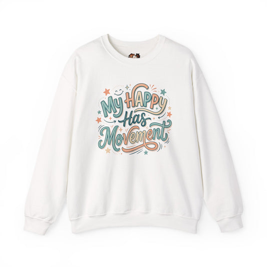 Crewneck Sweatshirt — "My Happy Has Movement" Pastel Retro Script with Cute Coffee Cat Back Graphic - Estrella & The Stars