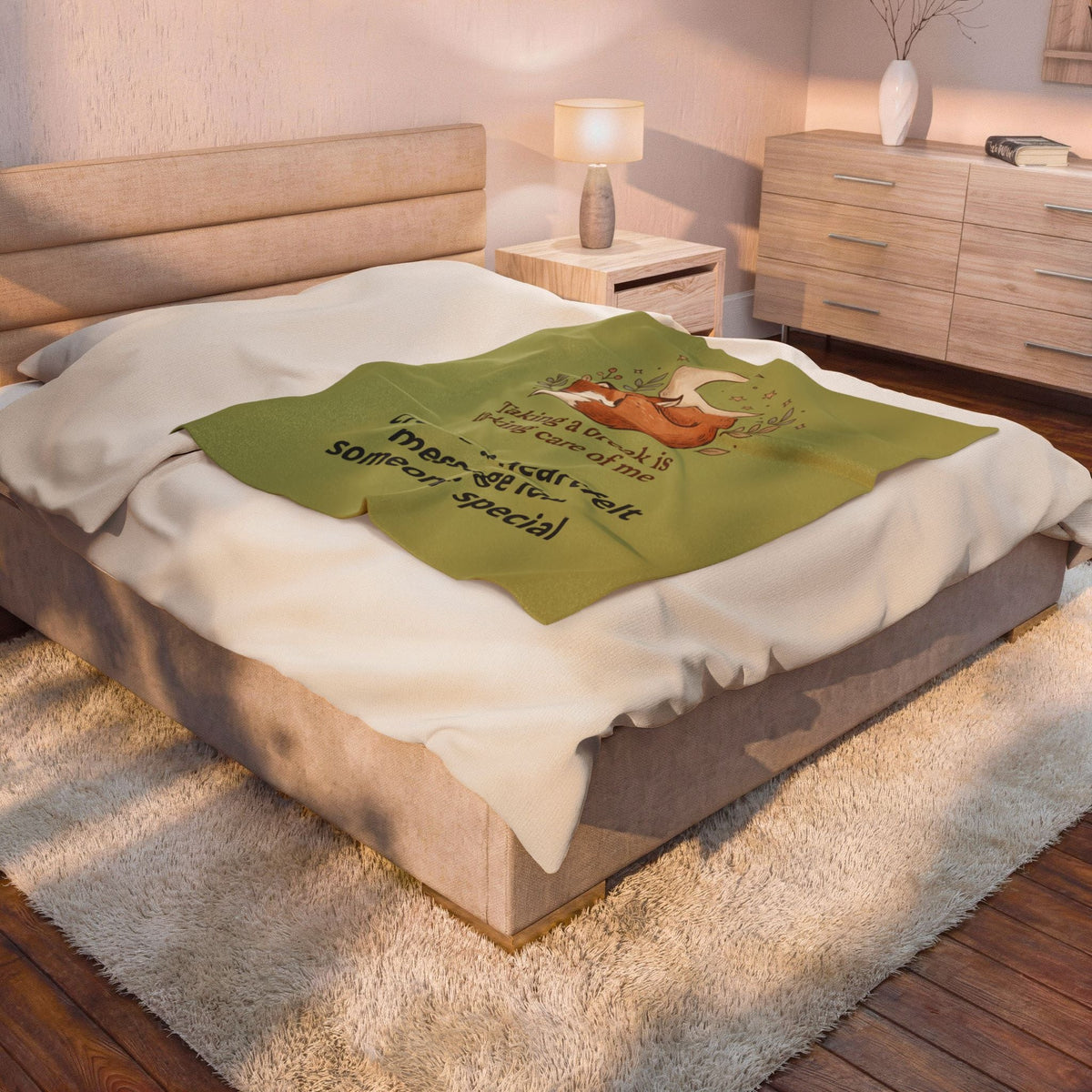 Velveteen Plush Blanket — 'Taking a break is taking care of me' Fox Cozy Throw - Estrella & The Stars