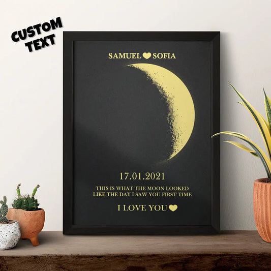 Personalized Lunar Phase and Names Wooden Frame - Custom Artwork Gift for Valentine's Day - Estrella & The Stars