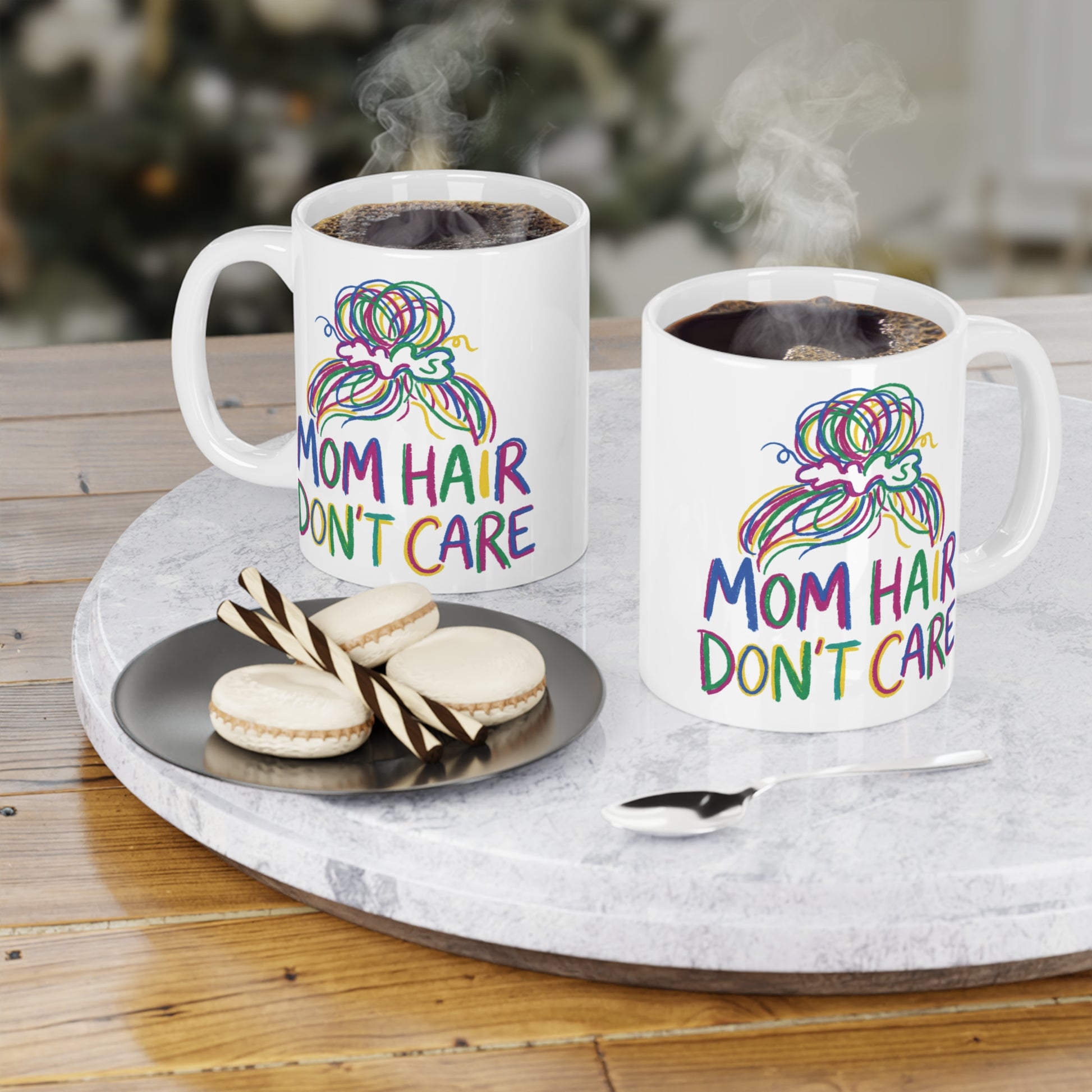 Mom Hair Don't Care Ceramic Mug — Colorful Mom Bun Coffee Cup (11oz/15oz/20oz) - Estrella & The Stars
