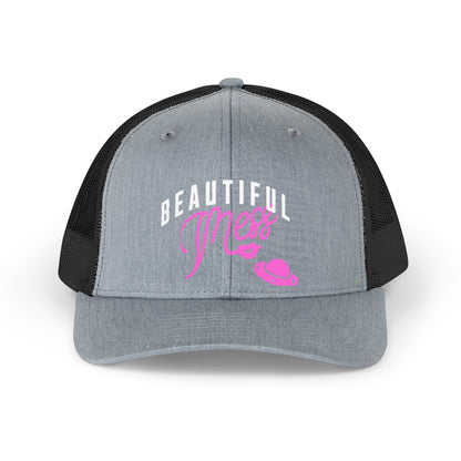 Copy of Beautiful Mess Trucker Hat - Retro Script Pink Accent Mesh Cap - Estrella & The Stars