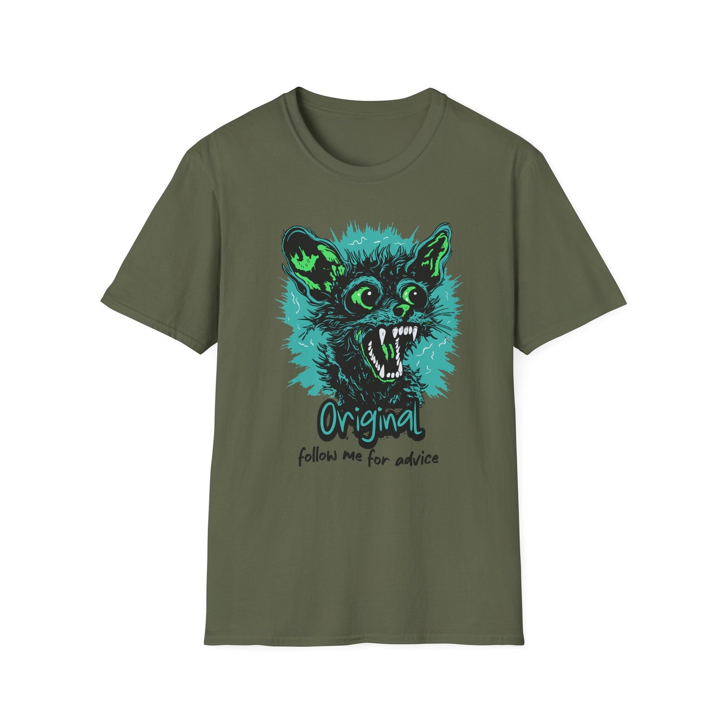 T-Shirt — 'Original: Follow Me For Advice' Retro Green Feral Cat Graphic - Estrella & The Stars