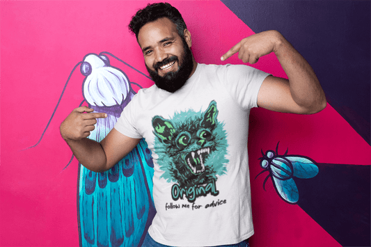 T-Shirt — 'Original: Follow Me For Advice' Retro Green Feral Cat Graphic - Estrella & The Stars