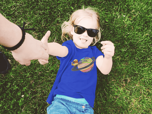 Infant Tee — Cute Rubber Duck on Saturn Baby T‑Shirt ("Aim Your Eyes") - Estrella & The Stars