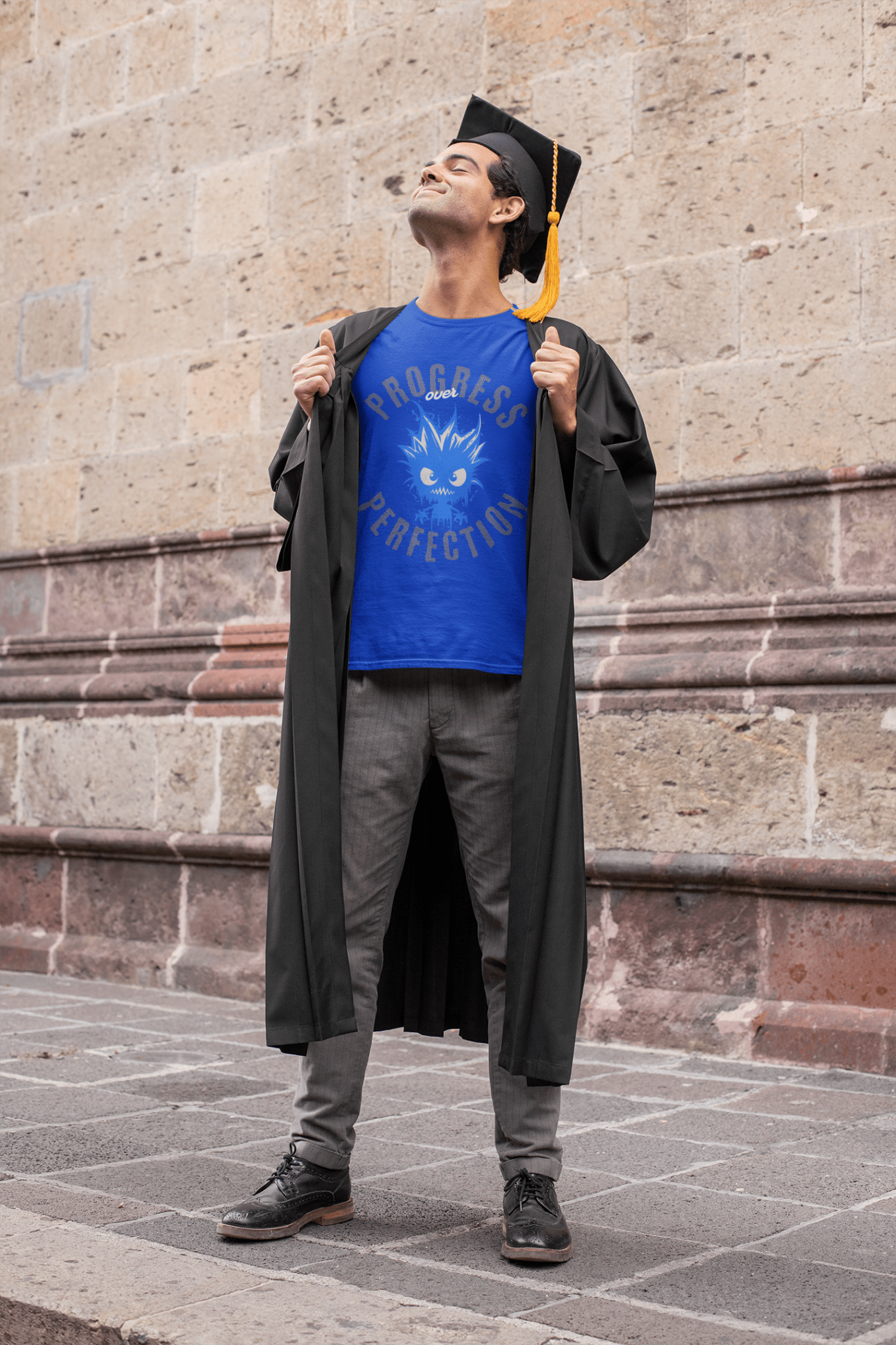 Progress Over Perfection T-Shirt — Motivational Graphic Tee with Spiky Cat Illustration - Estrella & The Stars