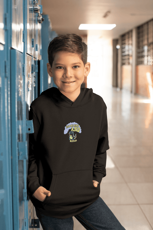 Youth Hoodie - 'Small But MIGHTY' Dino Graphic Kids Hooded Sweatshirt - Estrella & The Stars