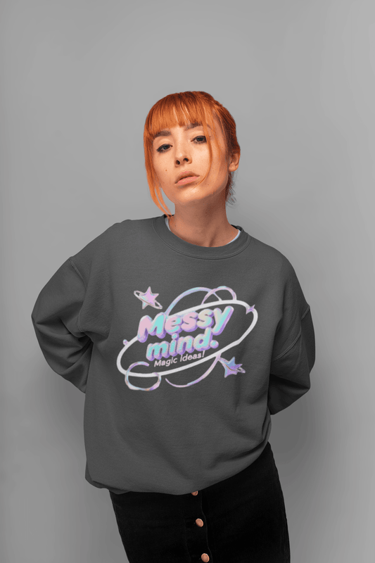 Crewneck Sweatshirt — 'Messy Mind, Magic Ideas' Pastel Space Graphic - Estrella & The Stars