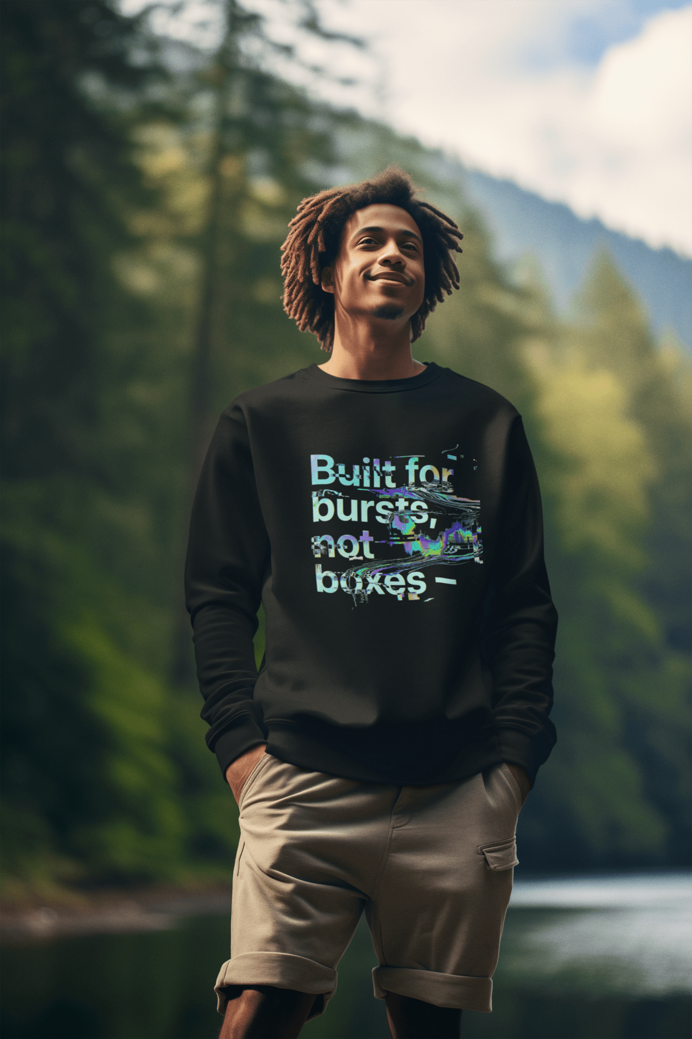 Crewneck Sweatshirt — "Built for bursts, not boxes" Glitch Graphic - Estrella & The Stars