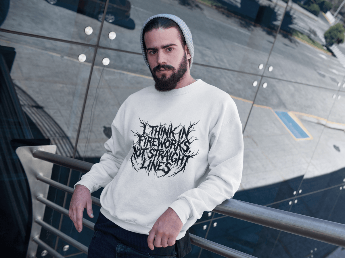Crewneck Sweatshirt — “I Think in Fireworks, Not Straight Lines” Graphic - Estrella & The Stars