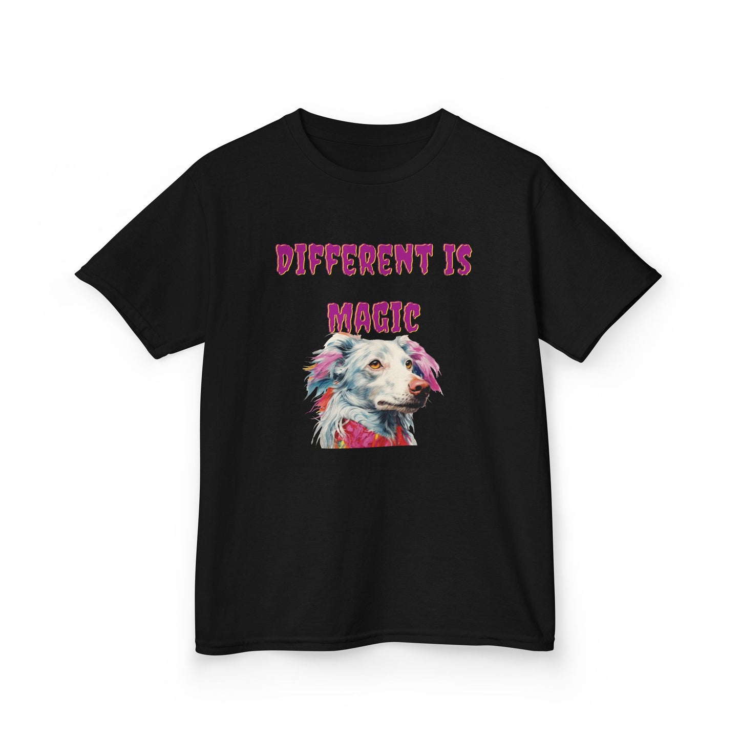 Kids T-Shirt — "Different Is Magic" Colorful Dog Graphic - Estrella & The Stars
