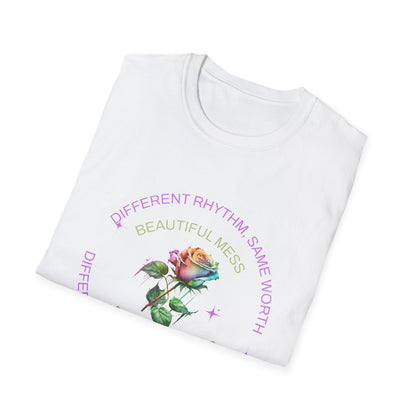 “Different Rhythm, Same Worth” Rose T-Shirt – Inspirational Floral Graphic Tee - Estrella & The Stars