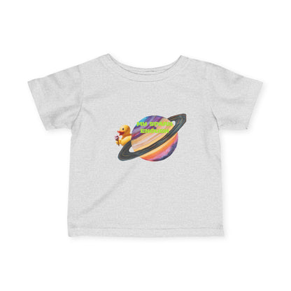 Infant Tee — Cute Rubber Duck on Saturn Baby T‑Shirt ("Aim Your Eyes") - Estrella & The Stars