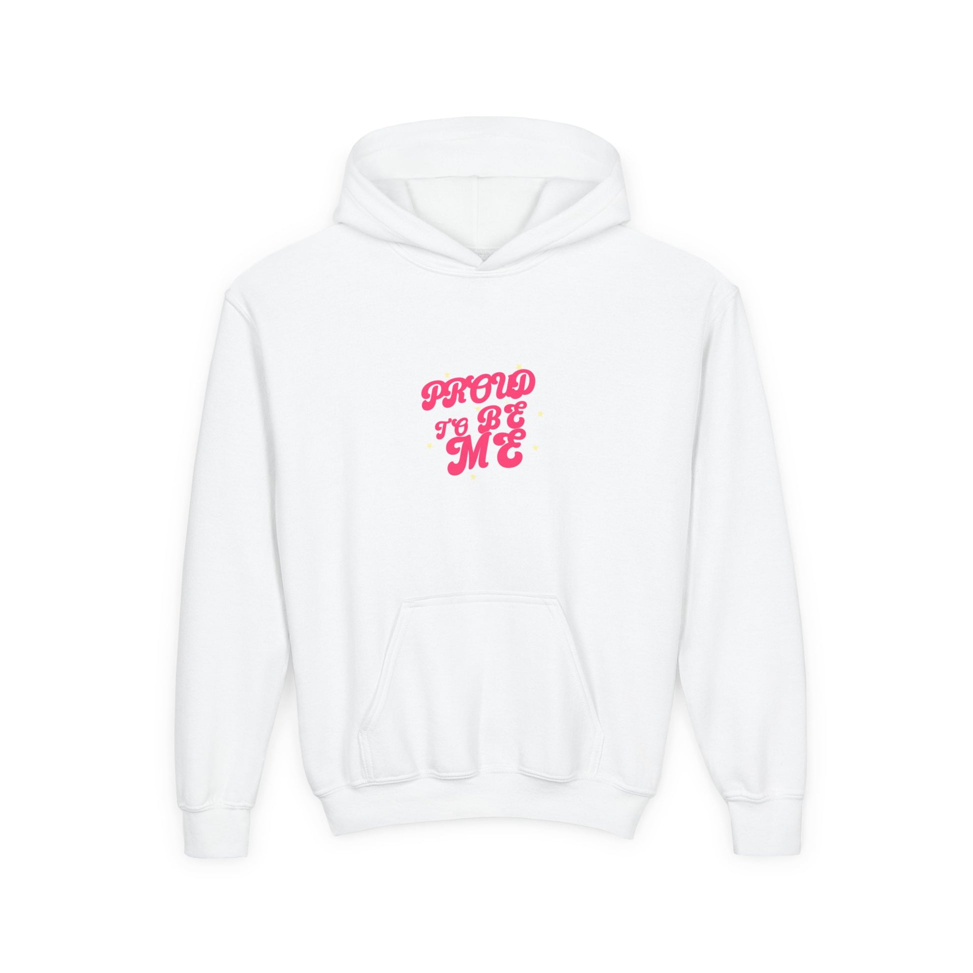 Youth Hoodie - "Proud of Me" Pink Retro Script Kids Pullover - Estrella & The Stars
