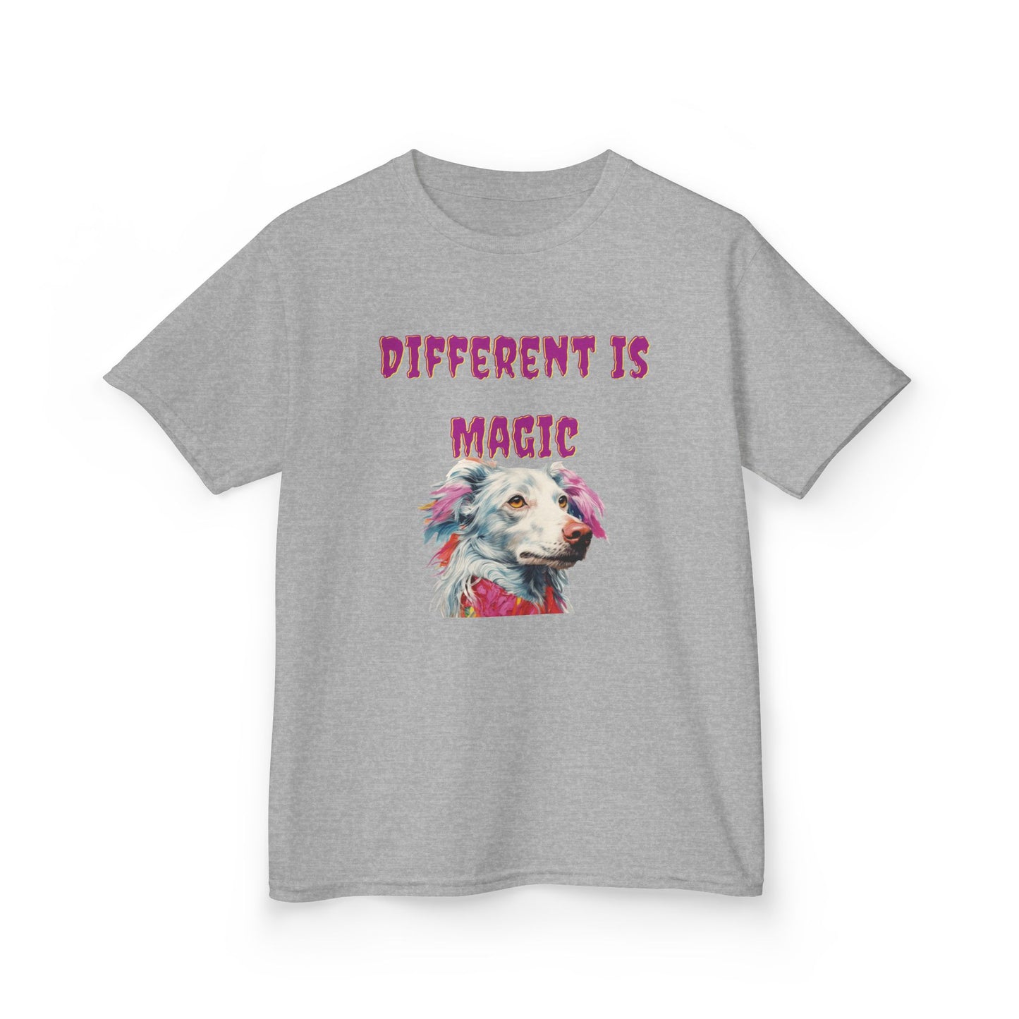 Kids T-Shirt — "Different Is Magic" Colorful Dog Graphic - Estrella & The Stars
