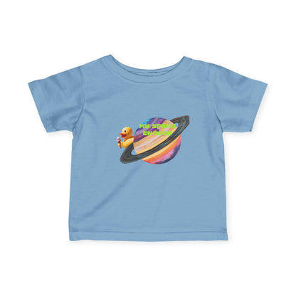 Infant Tee — Cute Rubber Duck on Saturn Baby T‑Shirt ("Aim Your Eyes") - Estrella & The Stars