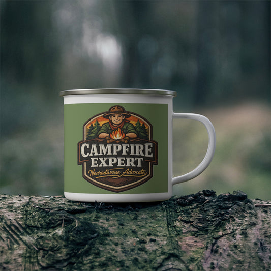 Enamel Camping Mug — "Campfire Expert" Outdoorsman Coffee Cup (Neurodiverse Advocate) - Estrella & The Stars