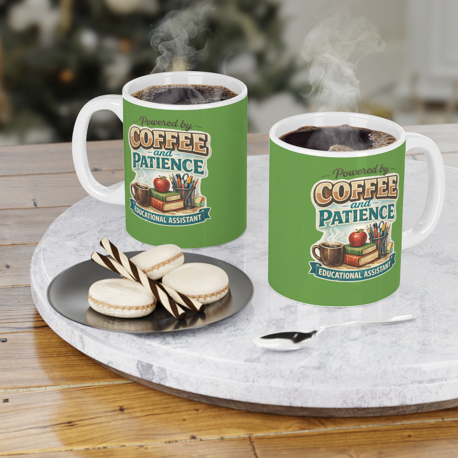 Educational Assistant Coffee Mug — "Powered by Coffee and Patience" Teacher Gift - Estrella & The Stars