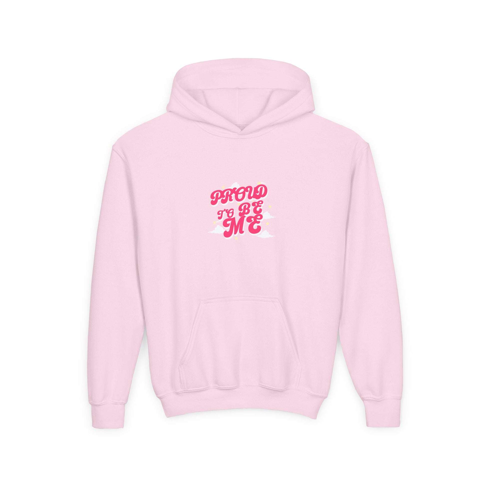 Youth Hoodie - "Proud of Me" Pink Retro Script Kids Pullover - Estrella & The Stars