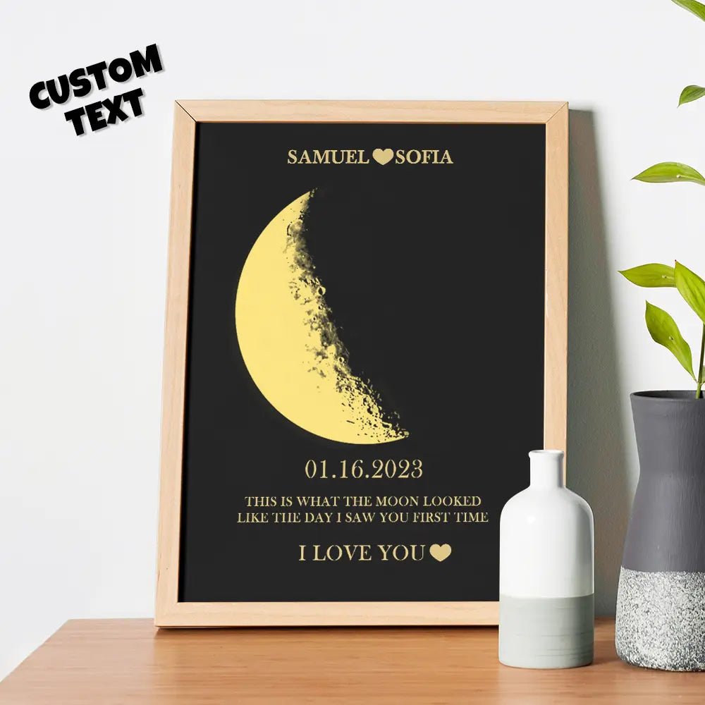Personalized Lunar Phase and Names Wooden Frame - Custom Artwork Gift for Valentine's Day - Estrella & The Stars