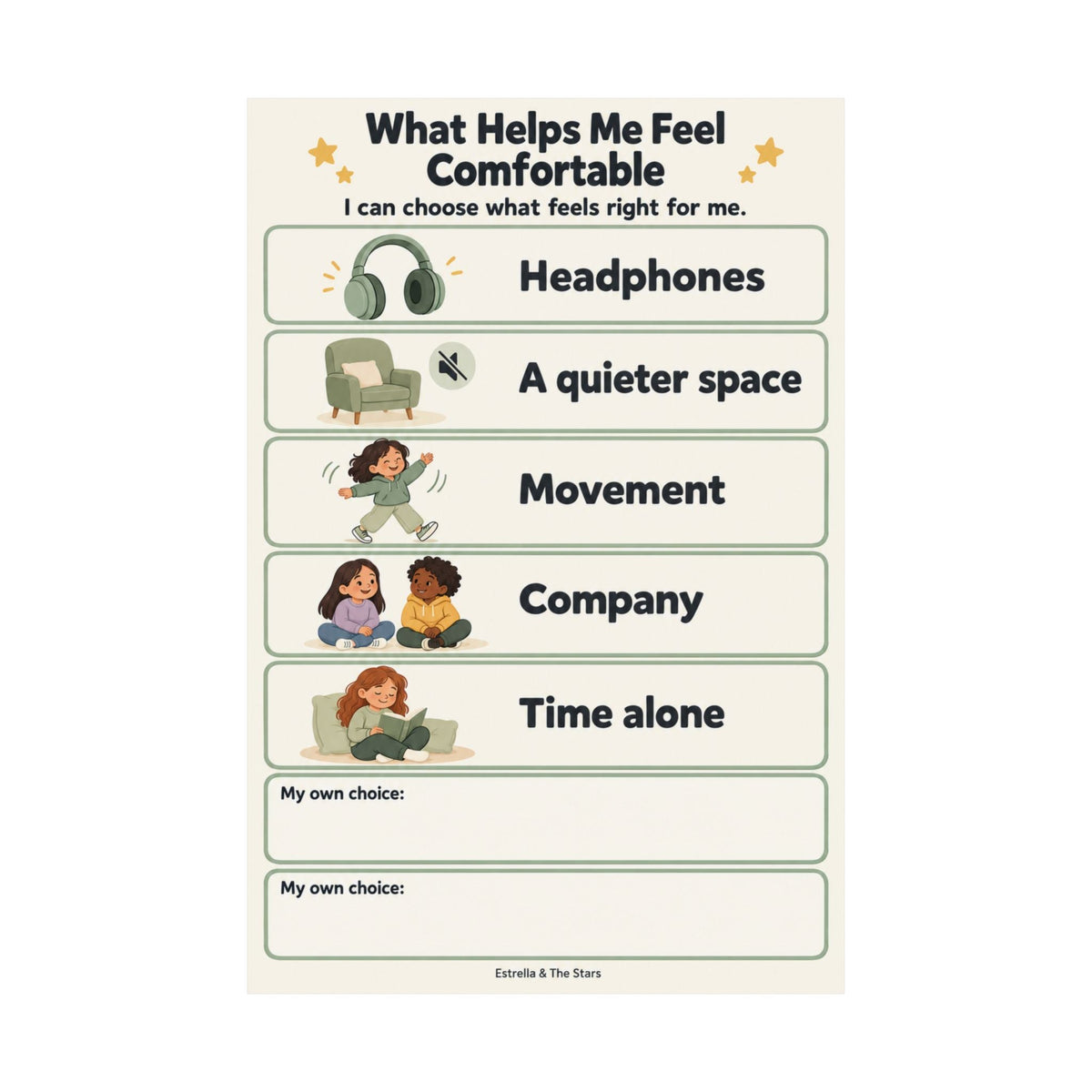 Comfort Choices Poster — What Helps Me Feel Comfortable Vertical Matte Poster - Estrella & The Stars