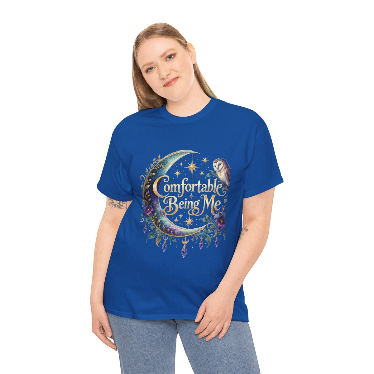 Comfortable Being Me Moon T-Shirt — Self-Love Owl Graphic Tee - Estrella & The Stars