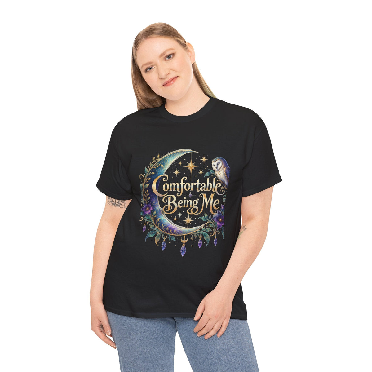 Comfortable Being Me Moon T-Shirt — Self-Love Owl Graphic Tee - Estrella & The Stars
