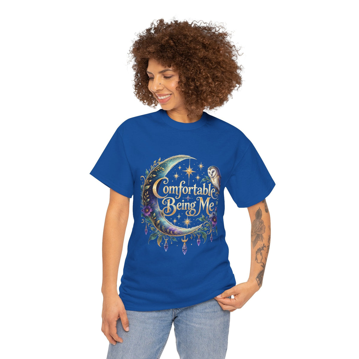 Comfortable Being Me Moon T-Shirt — Self-Love Owl Graphic Tee - Estrella & The Stars