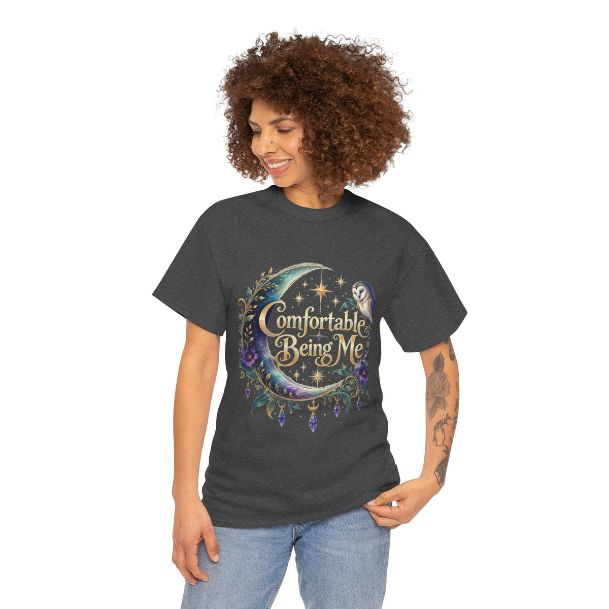 Comfortable Being Me Moon T-Shirt — Self-Love Owl Graphic Tee - Estrella & The Stars
