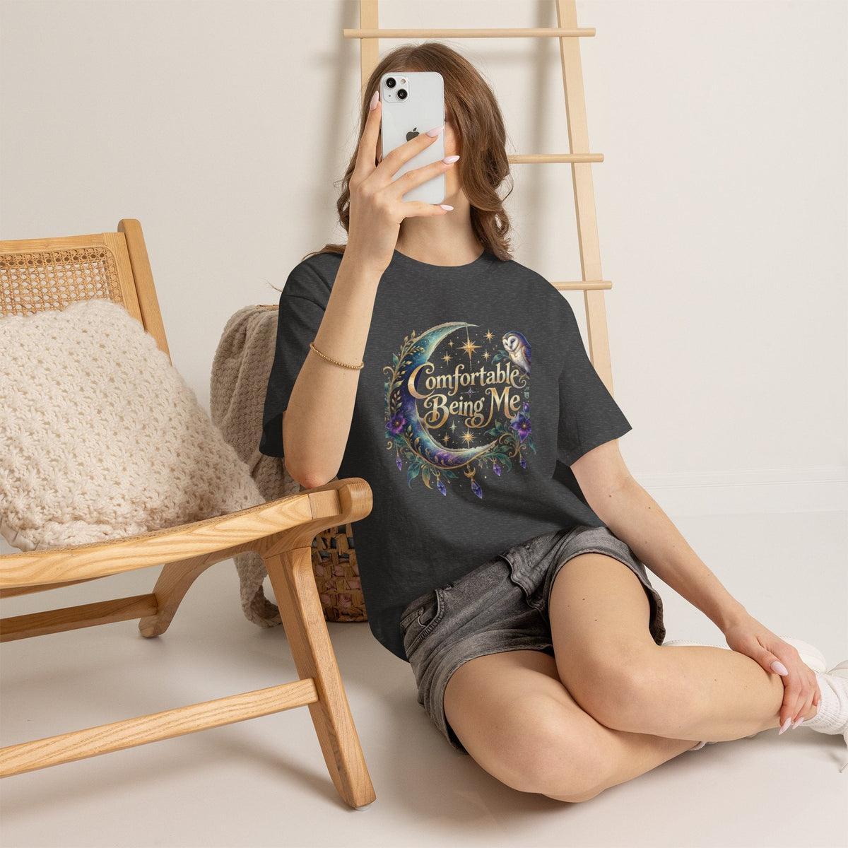 Comfortable Being Me Moon T-Shirt — Self-Love Owl Graphic Tee - Estrella & The Stars