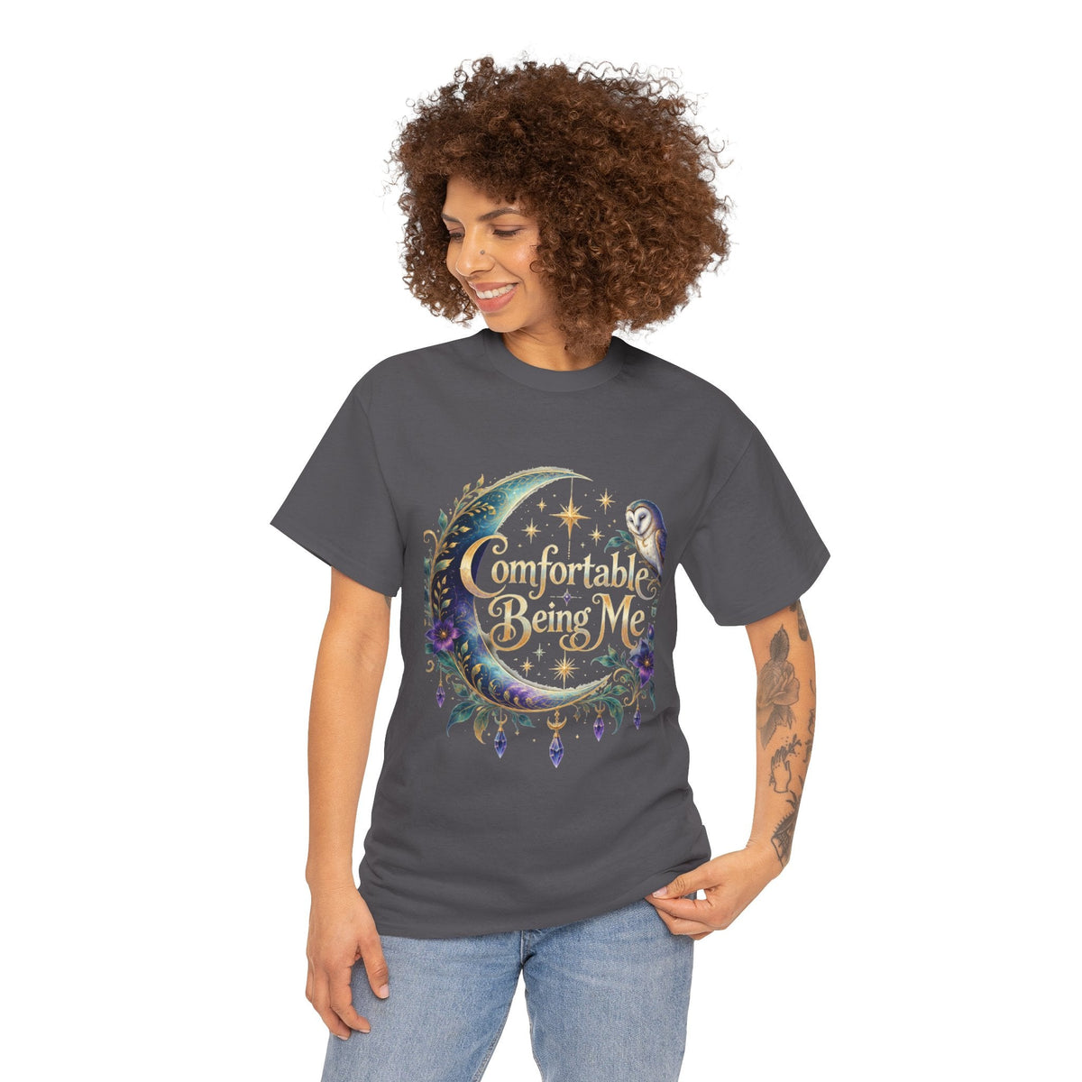Comfortable Being Me Moon T-Shirt — Self-Love Owl Graphic Tee - Estrella & The Stars