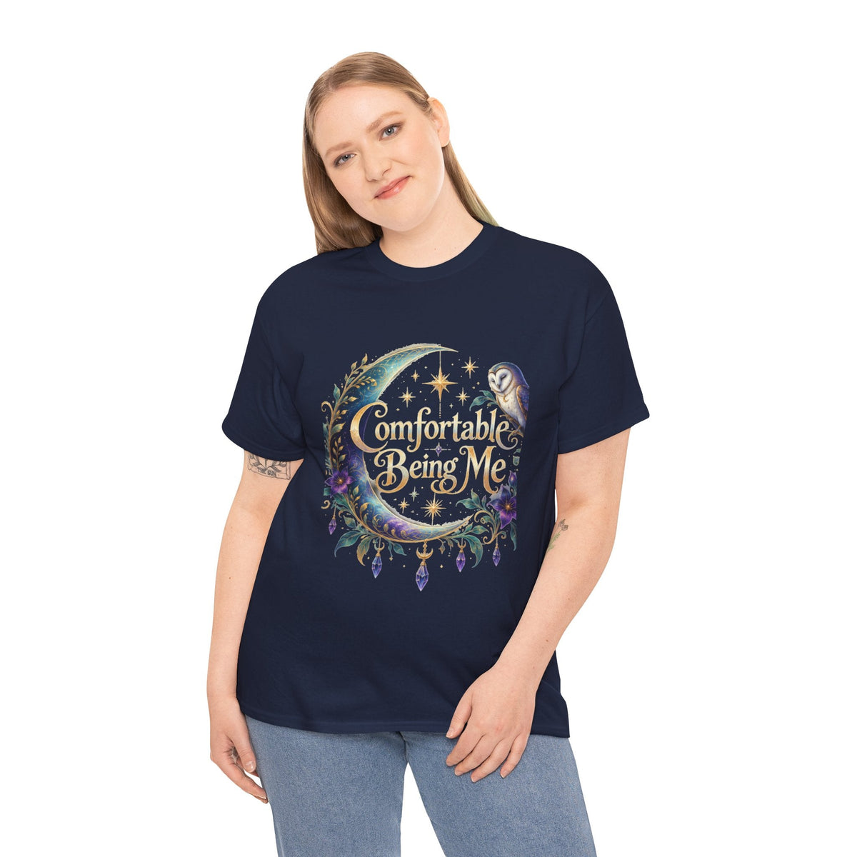 Comfortable Being Me Moon T-Shirt — Self-Love Owl Graphic Tee - Estrella & The Stars