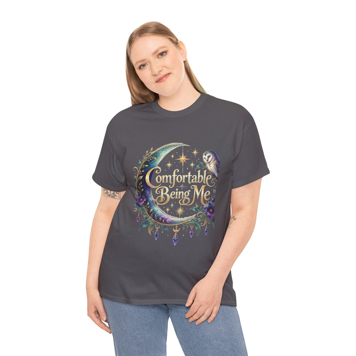 Comfortable Being Me Moon T-Shirt — Self-Love Owl Graphic Tee - Estrella & The Stars