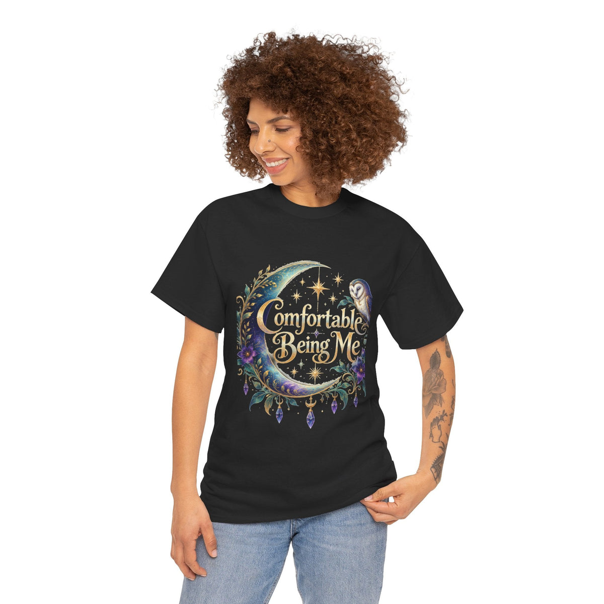Comfortable Being Me Moon T-Shirt — Self-Love Owl Graphic Tee - Estrella & The Stars