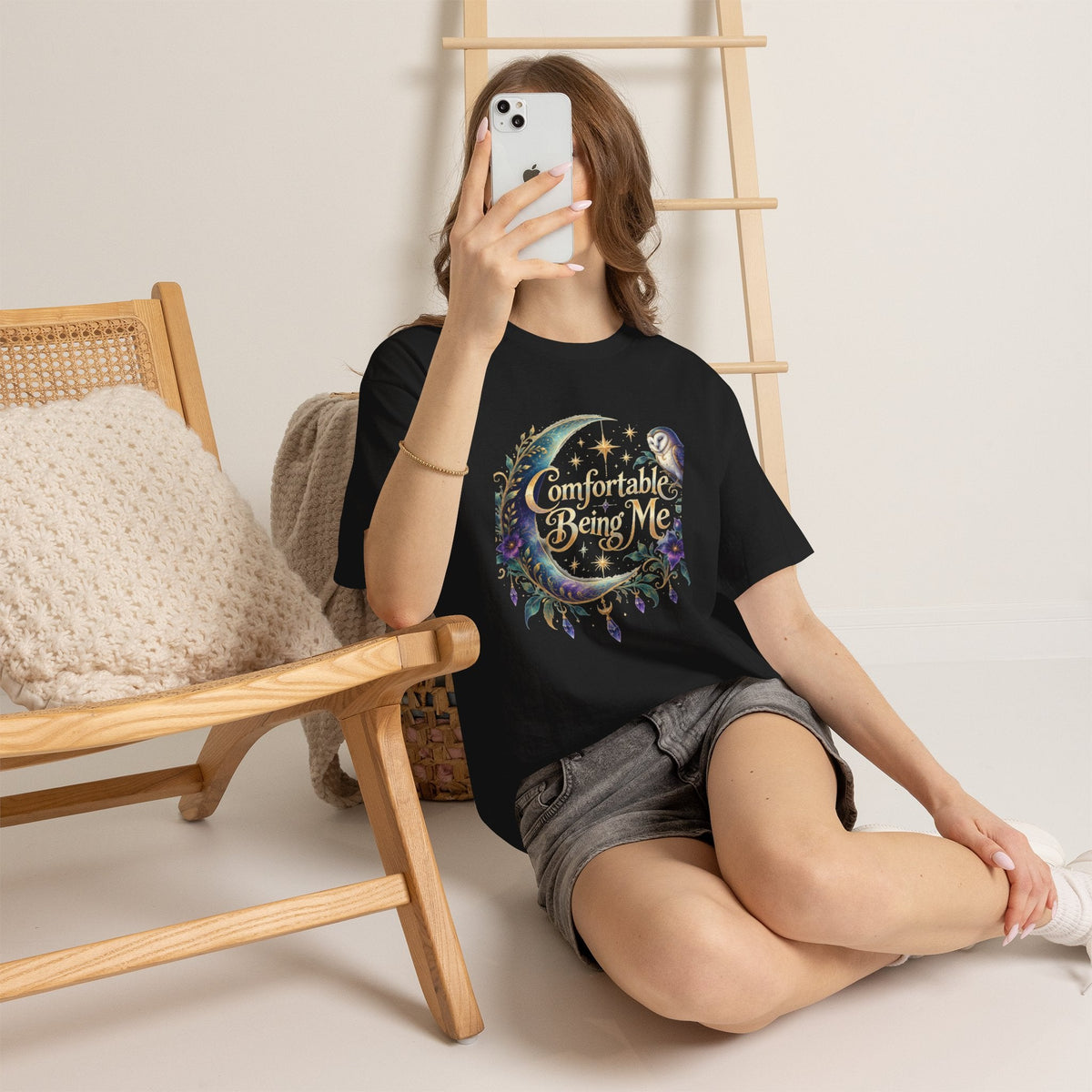 Comfortable Being Me Moon T-Shirt — Self-Love Owl Graphic Tee - Estrella & The Stars