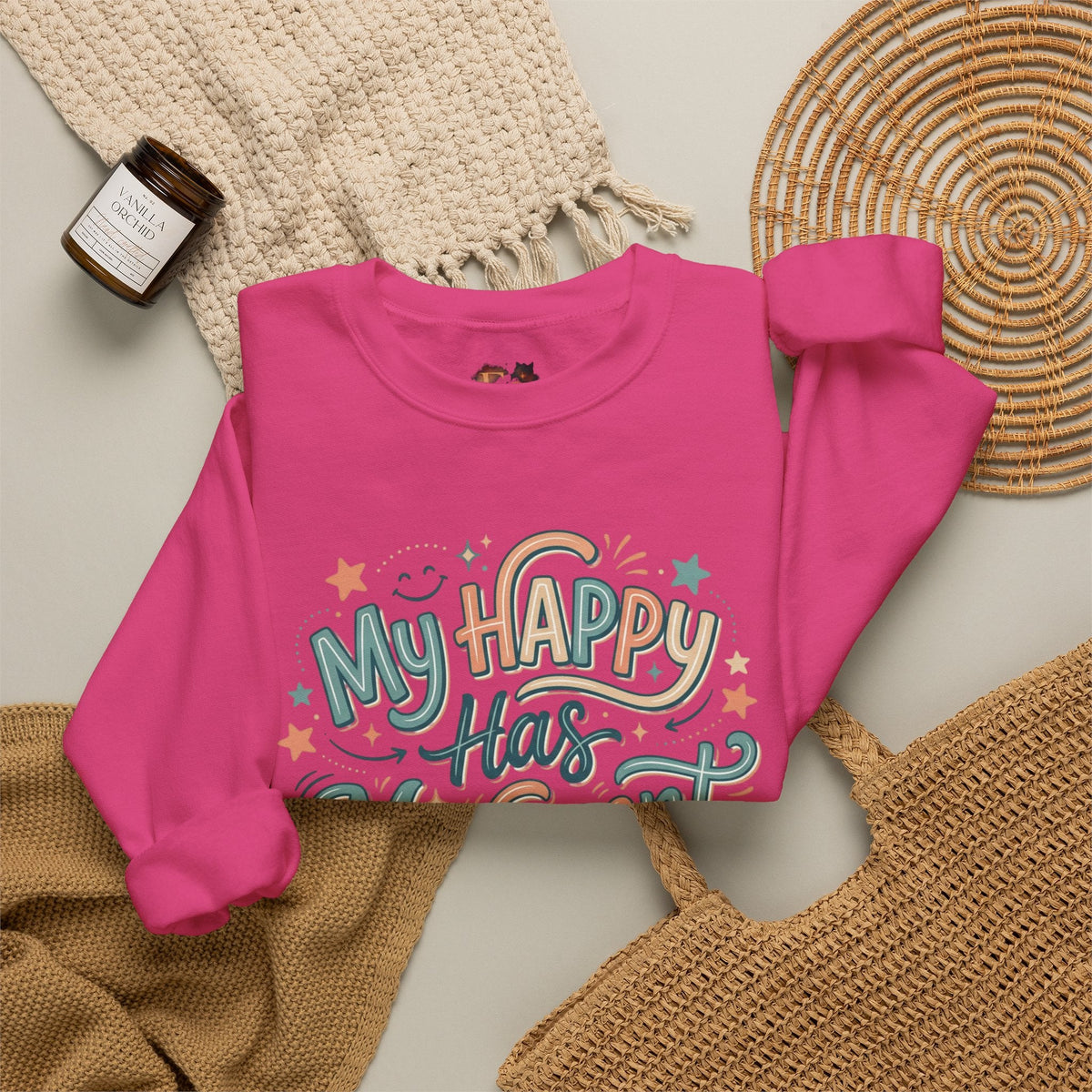 Crewneck Sweatshirt — "My Happy Has Movement" Pastel Retro Script with Cute Coffee Cat Back Graphic - Estrella & The Stars