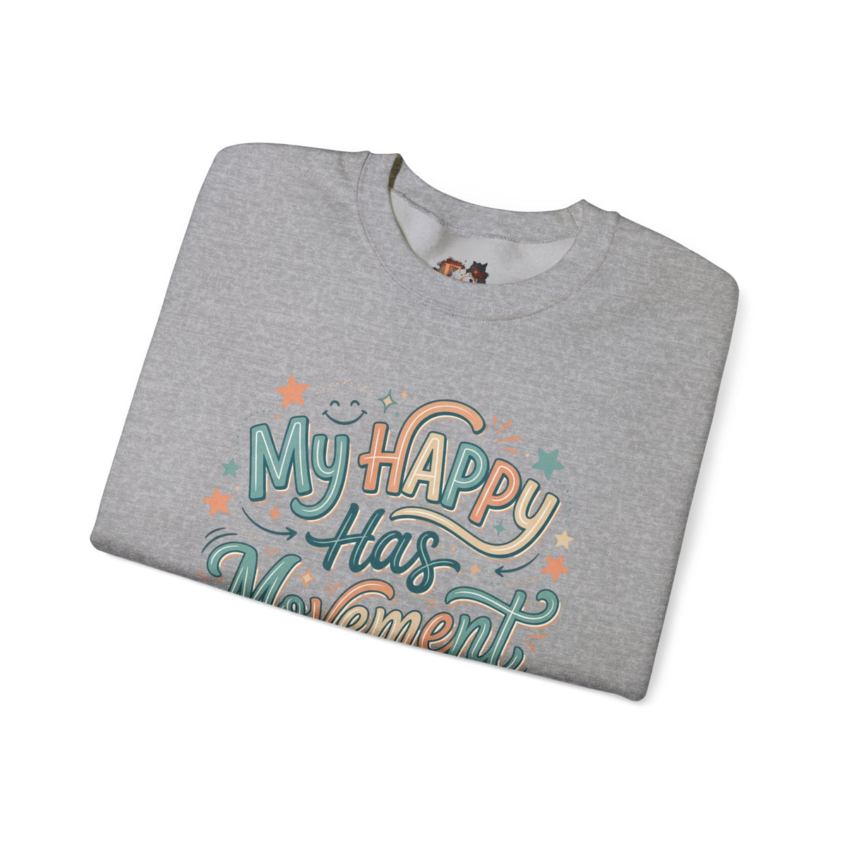 Crewneck Sweatshirt — "My Happy Has Movement" Pastel Retro Script with Cute Coffee Cat Back Graphic - Estrella & The Stars