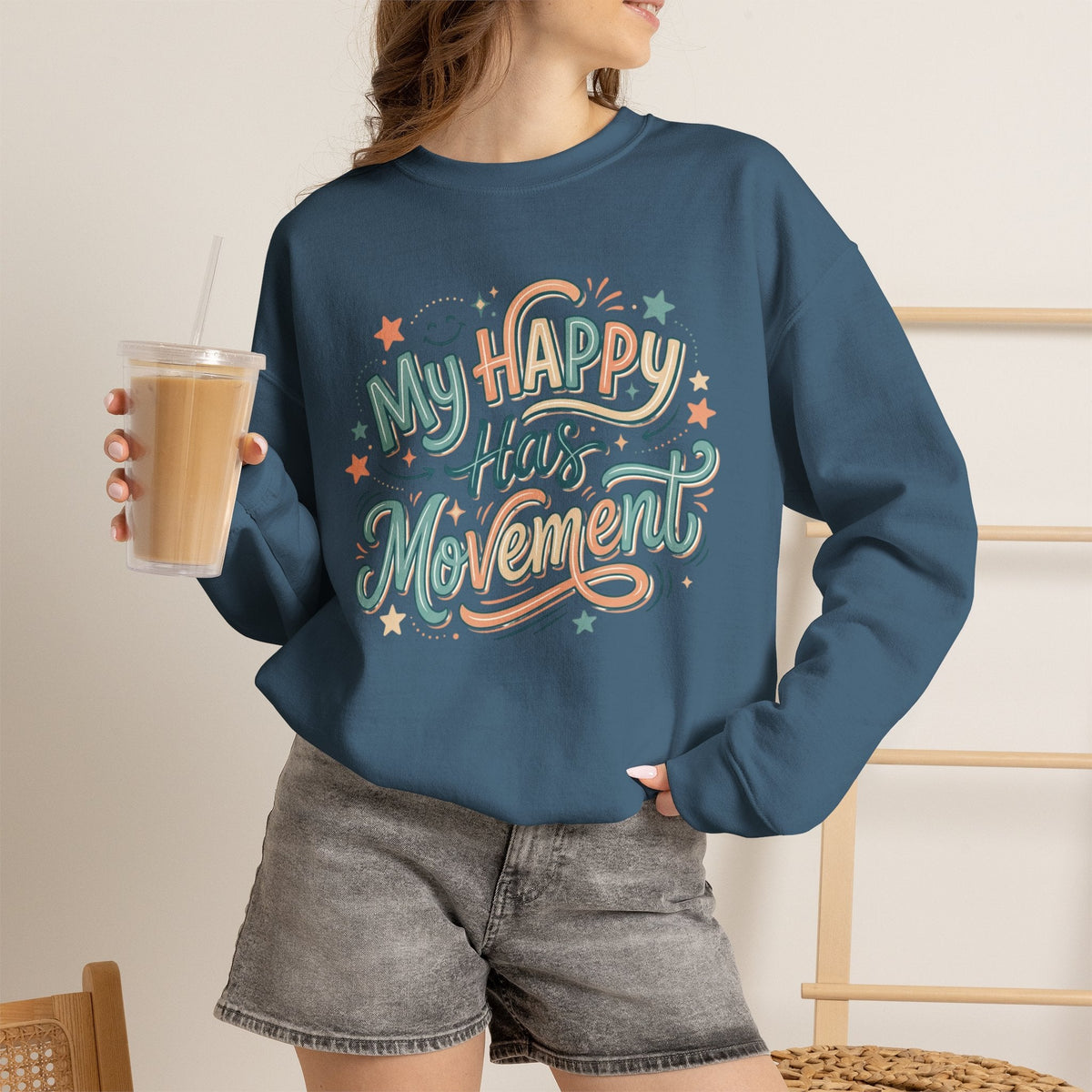 Crewneck Sweatshirt — "My Happy Has Movement" Pastel Retro Script with Cute Coffee Cat Back Graphic - Estrella & The Stars