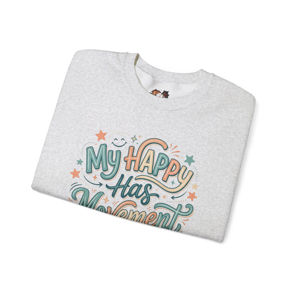 Crewneck Sweatshirt — "My Happy Has Movement" Pastel Retro Script with Cute Coffee Cat Back Graphic - Estrella & The Stars