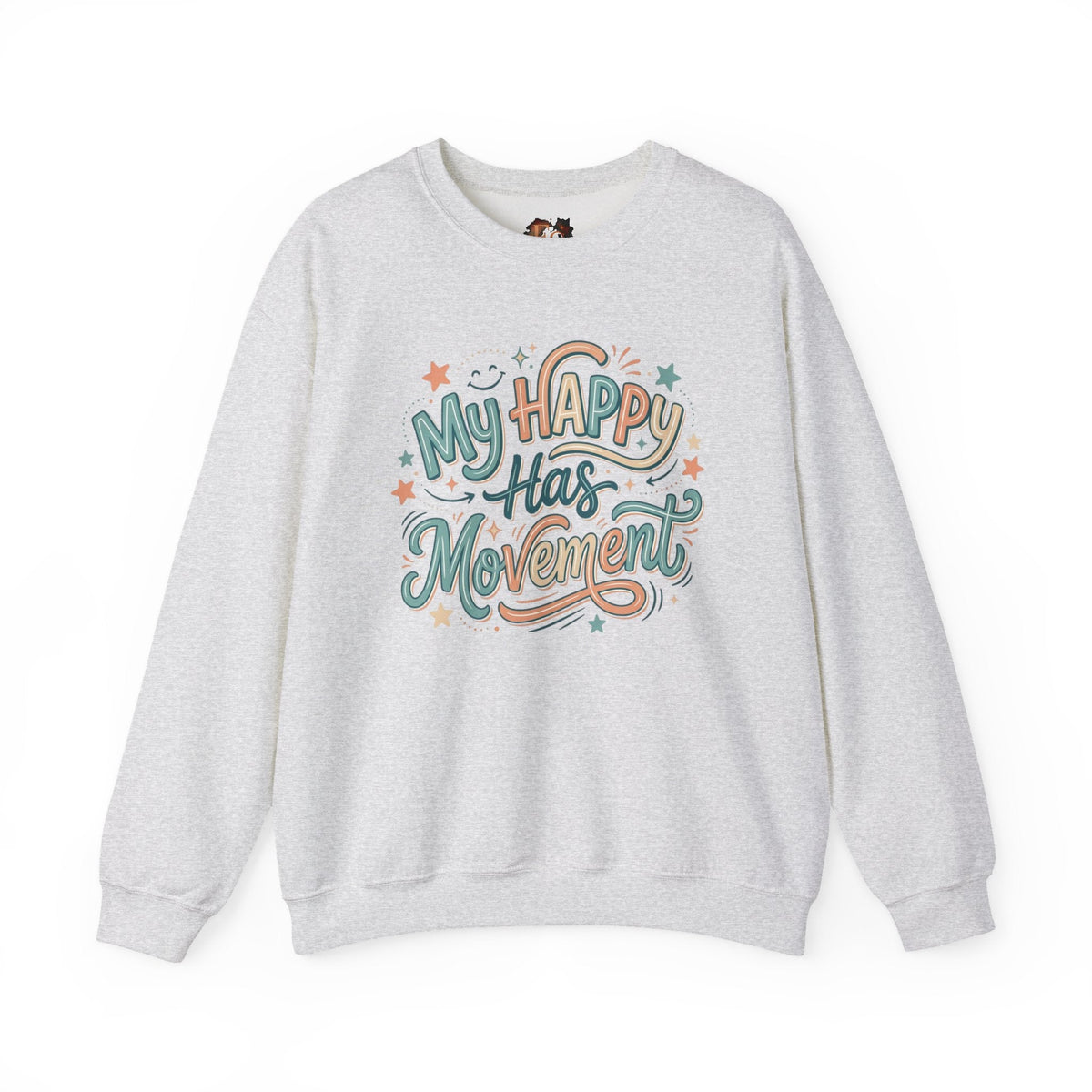 Crewneck Sweatshirt — "My Happy Has Movement" Pastel Retro Script with Cute Coffee Cat Back Graphic - Estrella & The Stars