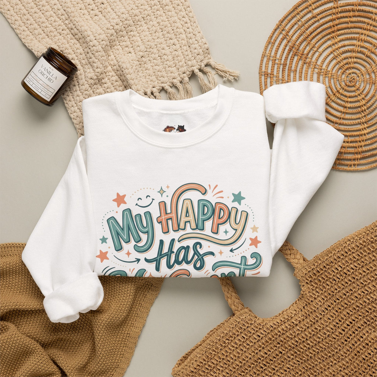 Crewneck Sweatshirt — "My Happy Has Movement" Pastel Retro Script with Cute Coffee Cat Back Graphic - Estrella & The Stars