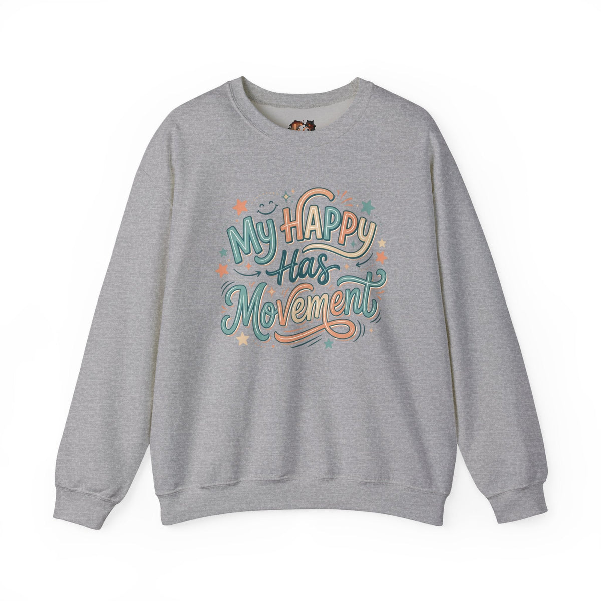 Crewneck Sweatshirt — "My Happy Has Movement" Pastel Retro Script with Cute Coffee Cat Back Graphic - Estrella & The Stars