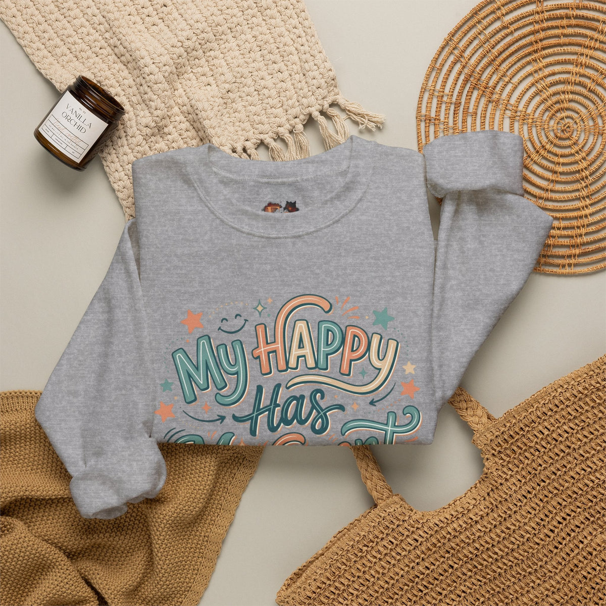 Crewneck Sweatshirt — "My Happy Has Movement" Pastel Retro Script with Cute Coffee Cat Back Graphic - Estrella & The Stars