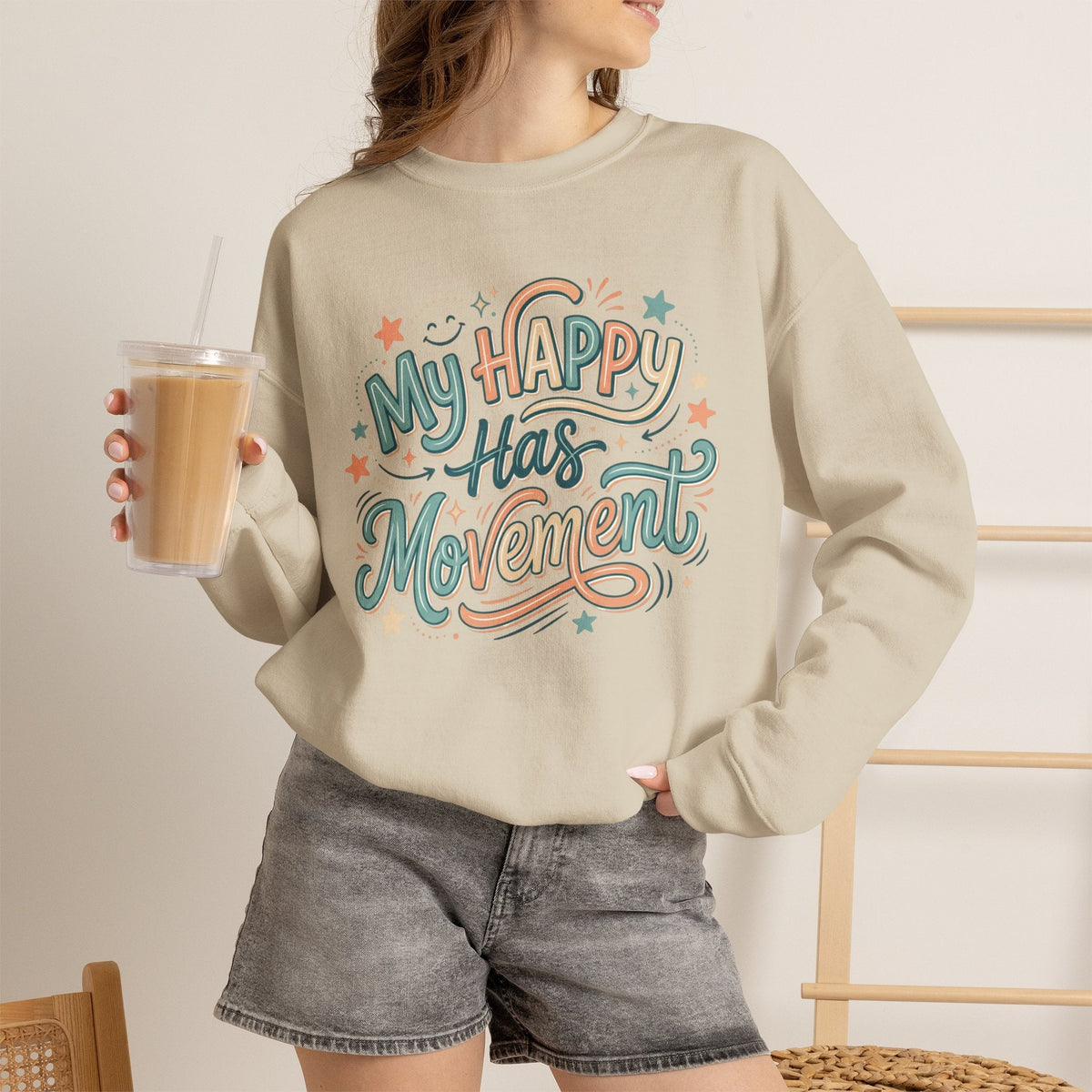 Crewneck Sweatshirt — "My Happy Has Movement" Pastel Retro Script with Cute Coffee Cat Back Graphic - Estrella & The Stars