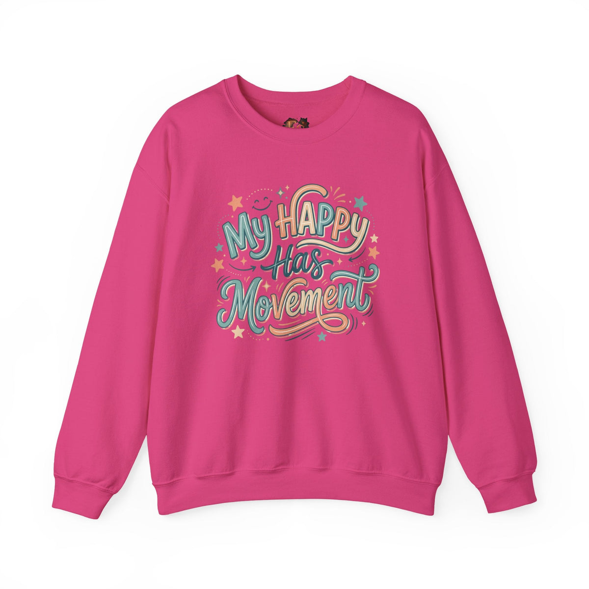 Crewneck Sweatshirt — "My Happy Has Movement" Pastel Retro Script with Cute Coffee Cat Back Graphic - Estrella & The Stars