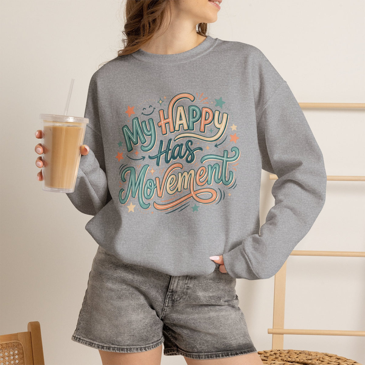 Crewneck Sweatshirt — "My Happy Has Movement" Pastel Retro Script with Cute Coffee Cat Back Graphic - Estrella & The Stars