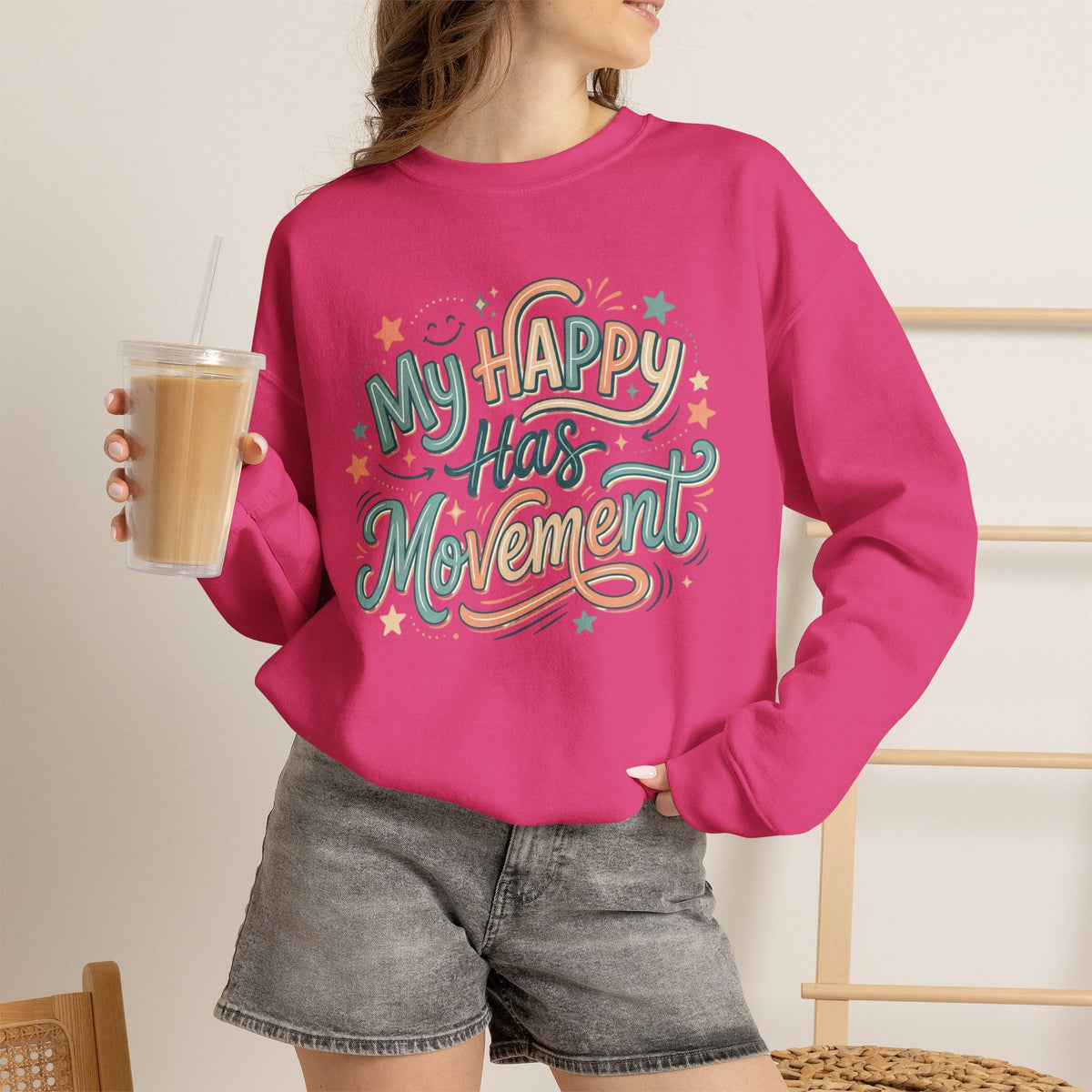 Crewneck Sweatshirt — "My Happy Has Movement" Pastel Retro Script with Cute Coffee Cat Back Graphic - Estrella & The Stars