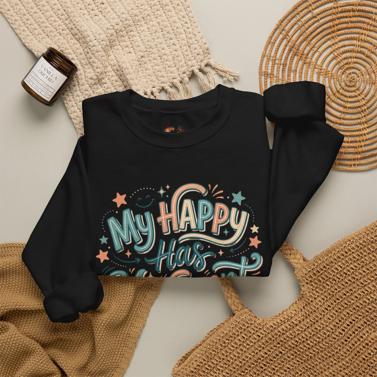 Crewneck Sweatshirt — "My Happy Has Movement" Pastel Retro Script with Cute Coffee Cat Back Graphic - Estrella & The Stars