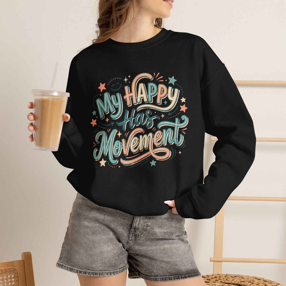 Crewneck Sweatshirt — "My Happy Has Movement" Pastel Retro Script with Cute Coffee Cat Back Graphic - Estrella & The Stars