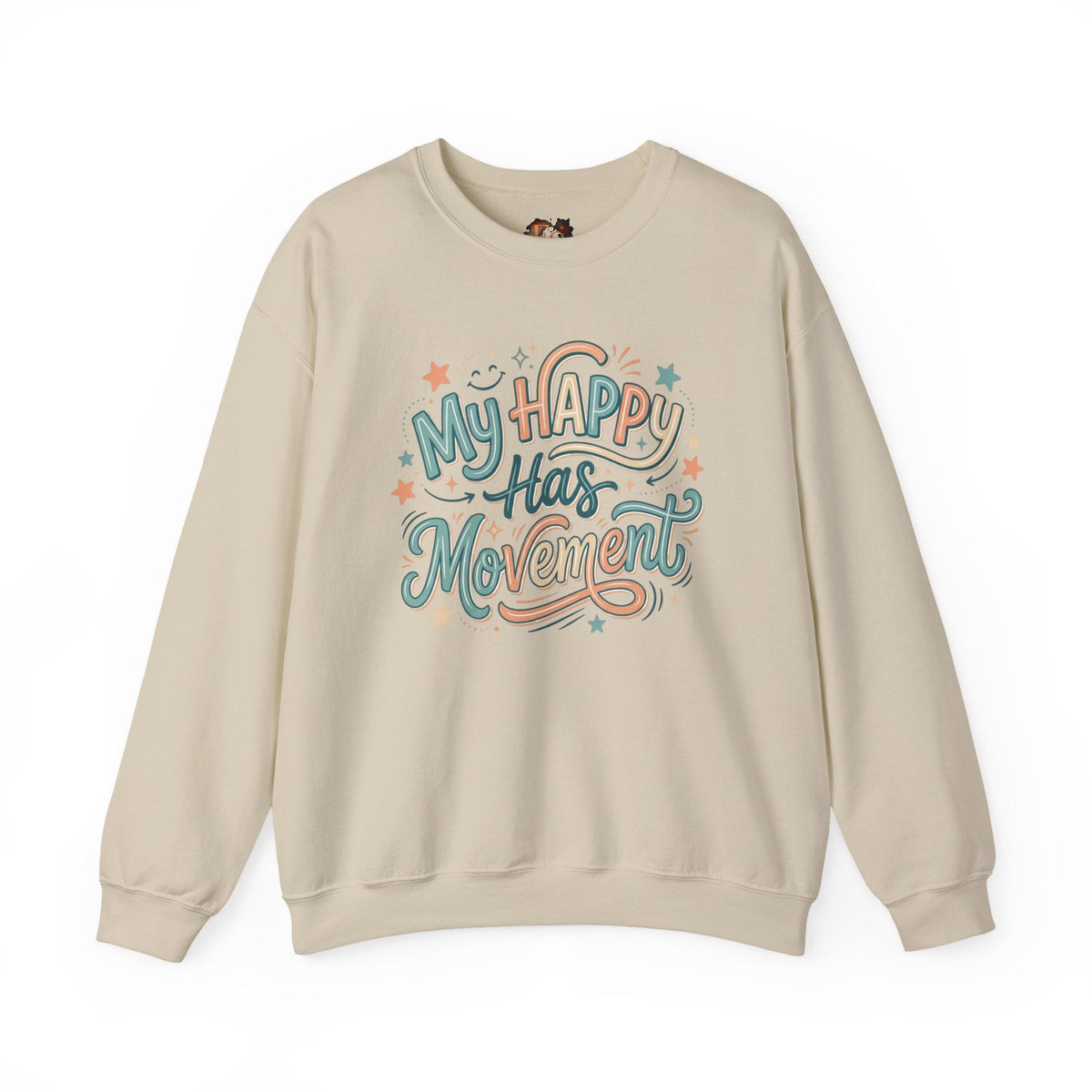 Crewneck Sweatshirt — "My Happy Has Movement" Pastel Retro Script with Cute Coffee Cat Back Graphic - Estrella & The Stars